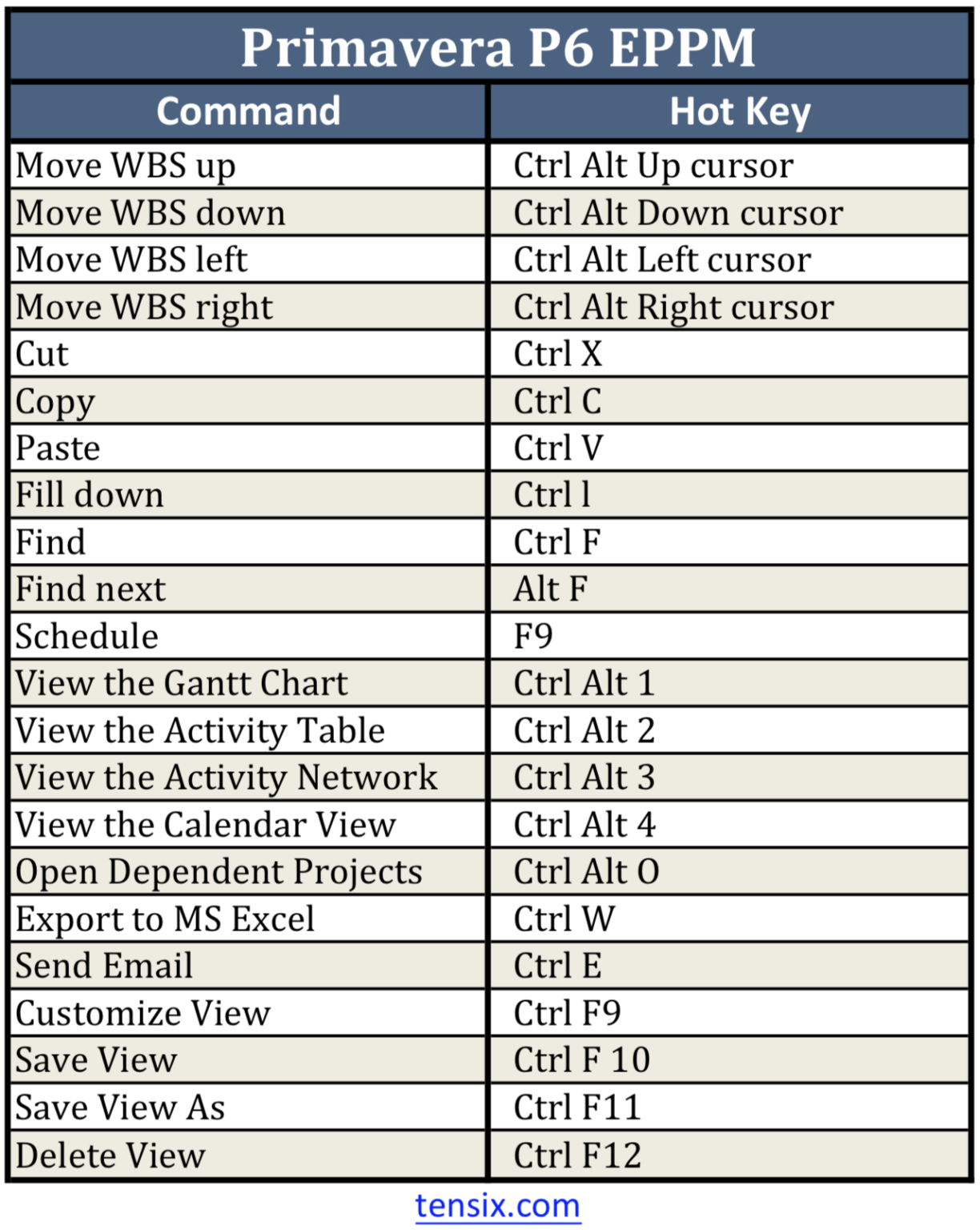 Primavera P6 Hot Key Commands