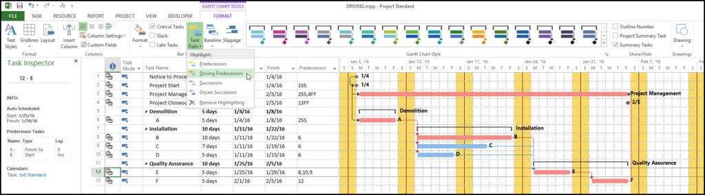 Displaying Driving Tasks in Microsoft Project