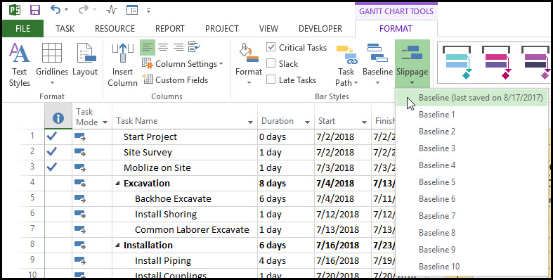 Monitoring Schedule Slippage in Microsoft Project Fig 2
