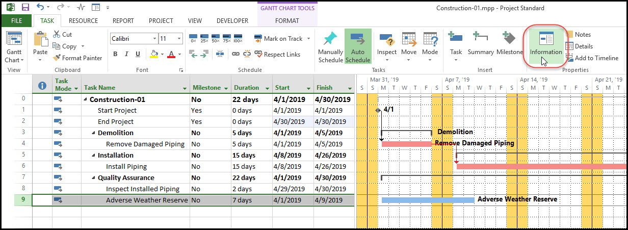 Microsoft Project and Adverse Weather Day Reserve Fig 4