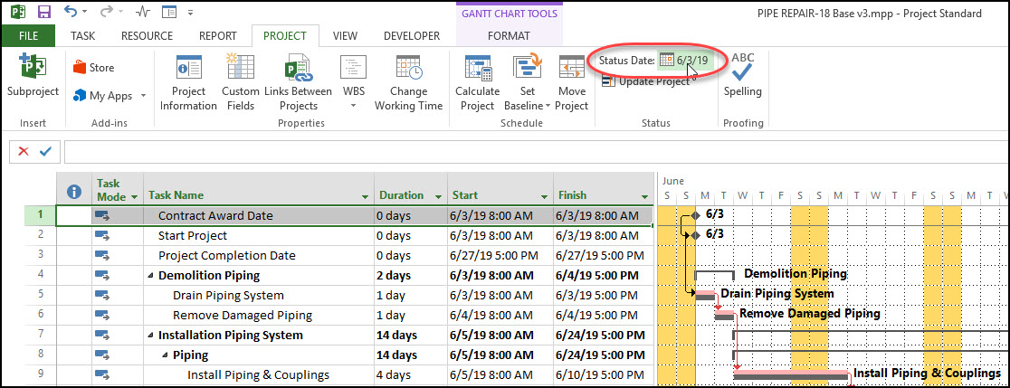 Microsoft Project Status Date Tool Bar