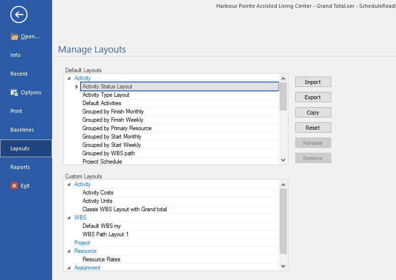 Manage Layouts and Filters