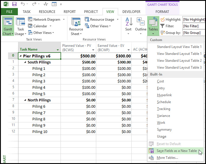 Microsoft Project Table