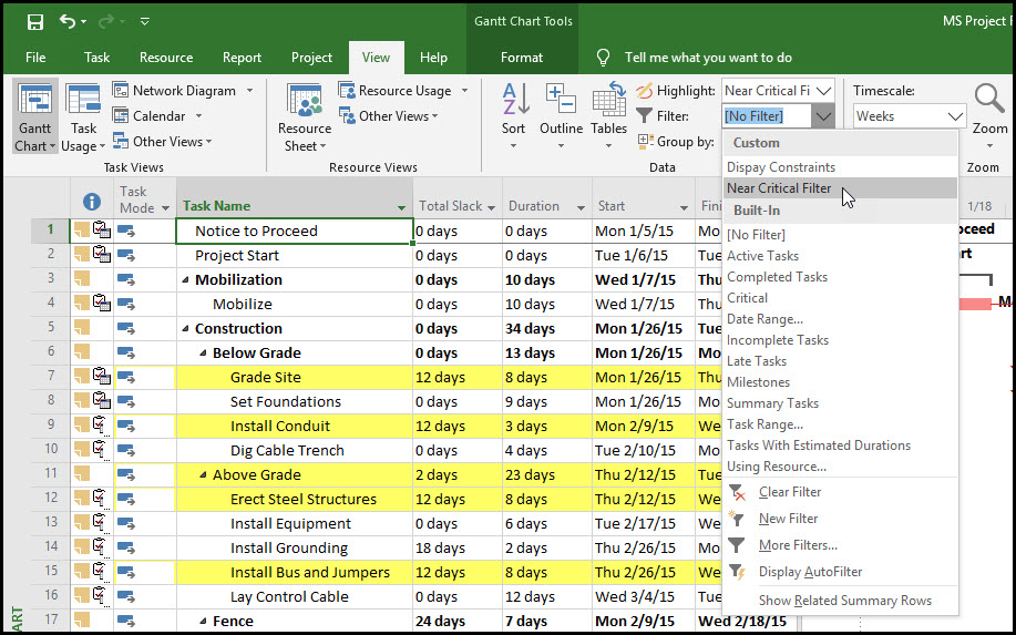 Viewing your Near Critical Filter in Microsoft Project