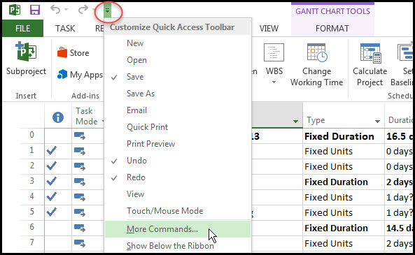 The Quick Access Toolbar In Microsoft Project