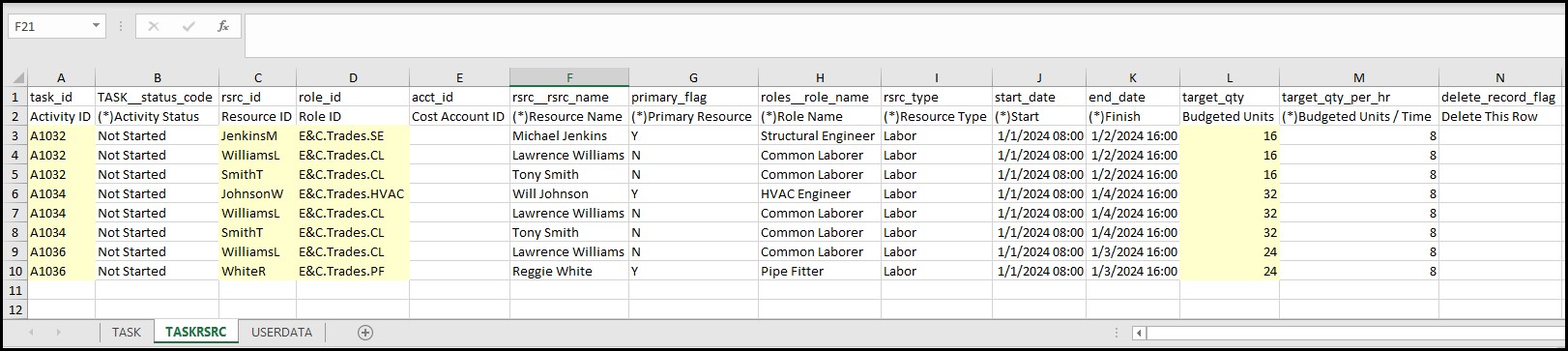 labor resource assignments on activities