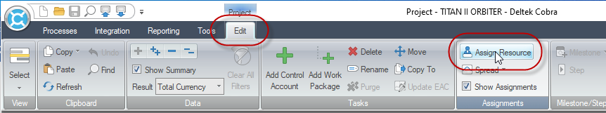 Assign Resources button in the Edit ribbon in Cobra
