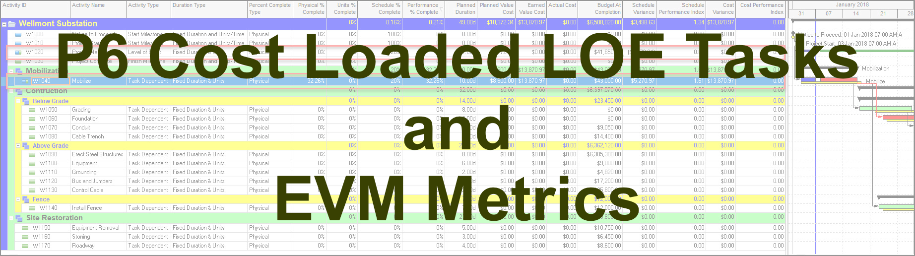 P6 Cost Loaded LOE Tasks and EVM Metrics