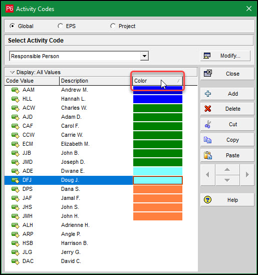 P6 Professional Activity Code Color Field