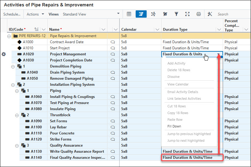 Project Management calendar column