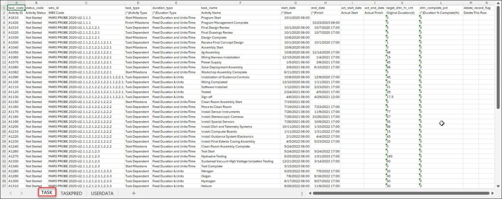 Excel Task Tab