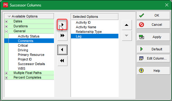 Successor Columns dialog box