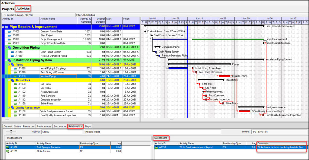 Schedule highlighting the Insulate Piping task