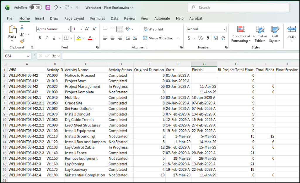 Raw data from P6 in the Excel spreadsheet